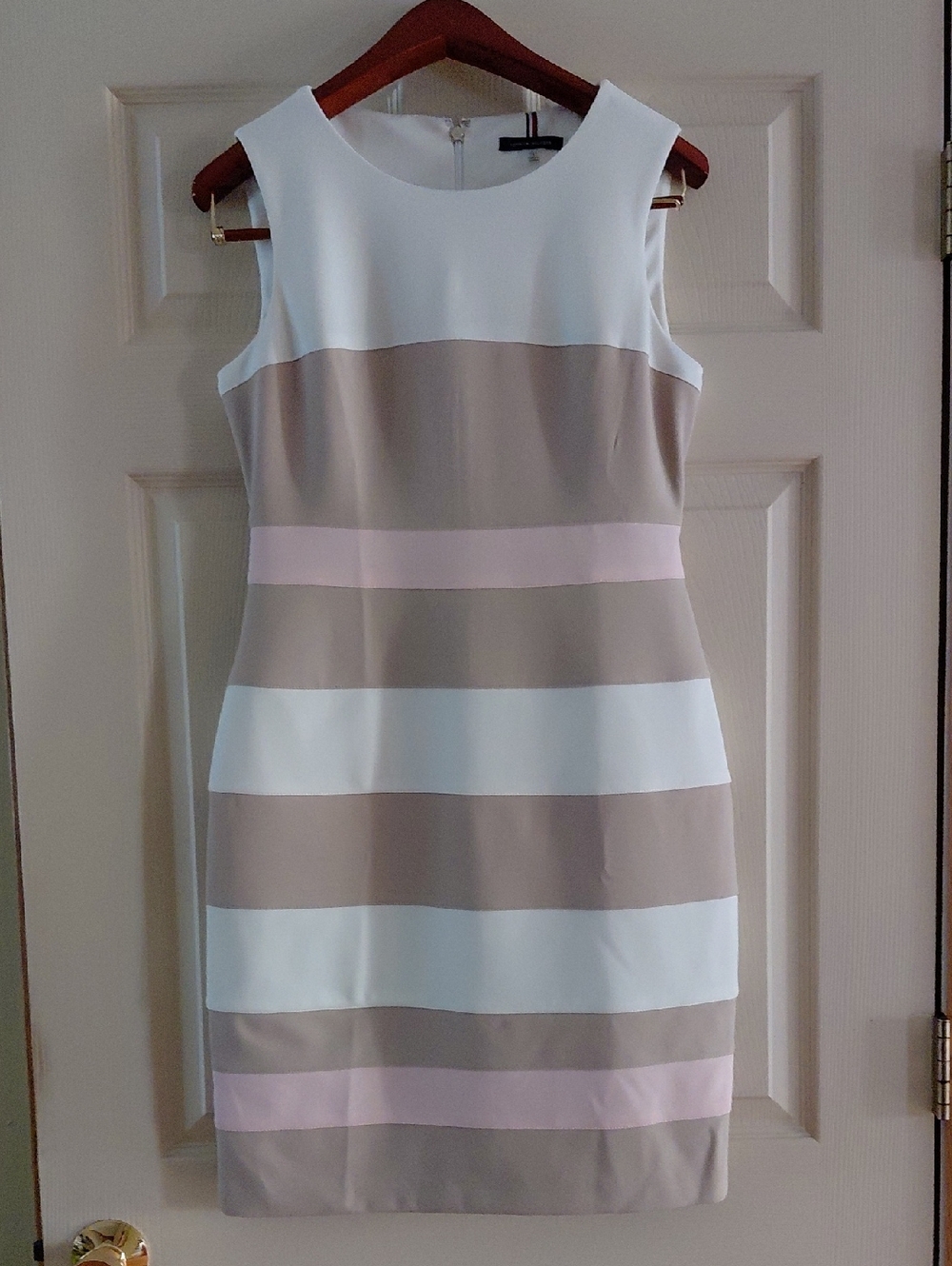 Tommy Hilfiger Sleeveless Striped Midi Dress in White, Taupe & Light Pink